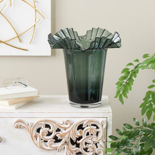 Green Glass Floral Tulip Inspired Ombre Vase with Wavy Opening